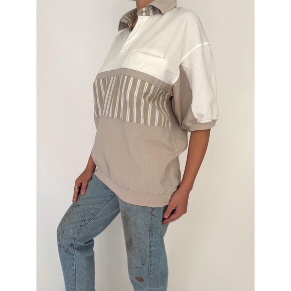 90s vintage white brown striped retro style unisex mens collared polo golf shirt - Picture 4 of 10